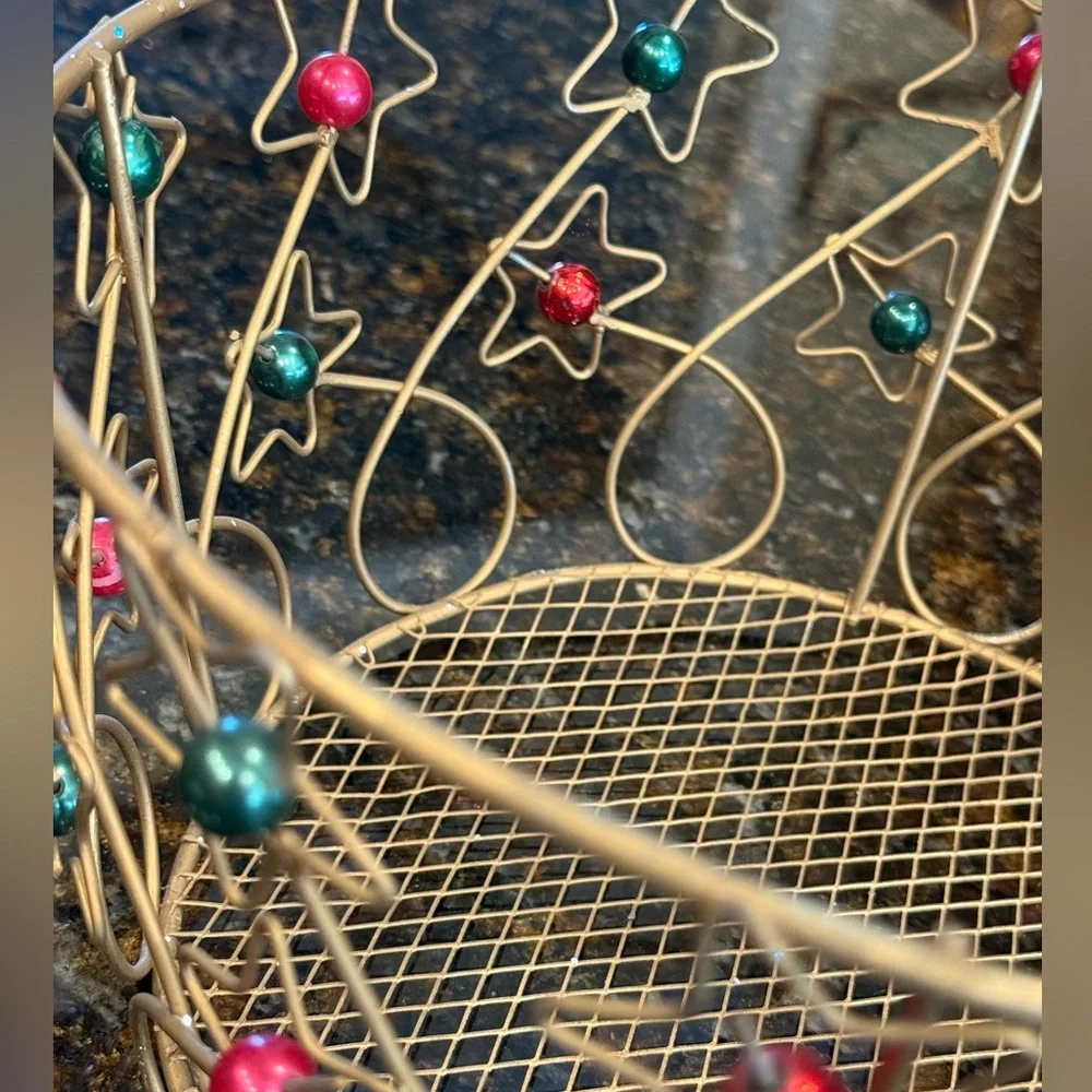 Vintage Starry Scrolled Gold Metal Basket with Vibrant Red & Green Beads